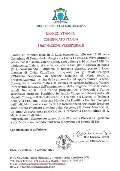 Ufficio Stampa - Ordinazione Presbiterale Valerio Latini